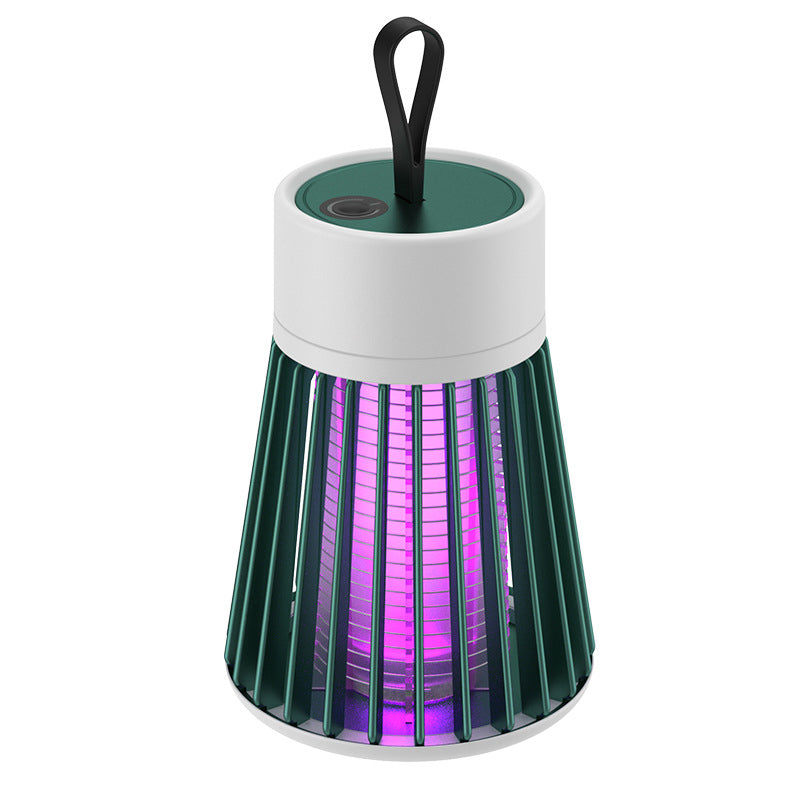 Portabel myggdödarlampa med USB-laddning, säker design, kompakta vita detaljer mot grå bakgrund, bekämpar insekter.