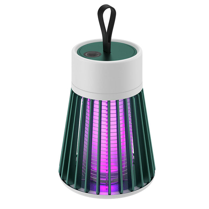 Portabel myggdödarlampa med USB-laddning, säker design, kompakta vita detaljer mot grå bakgrund, bekämpar insekter.