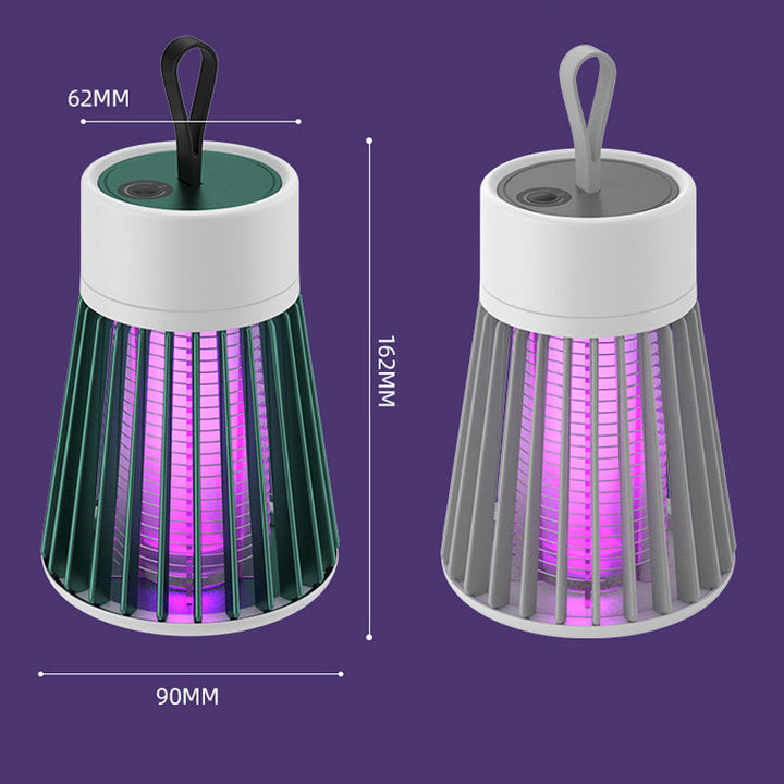 Portabel myggdödarlampa med USB-laddning, säker design, kompakta vita detaljer mot grå bakgrund, bekämpar insekter.