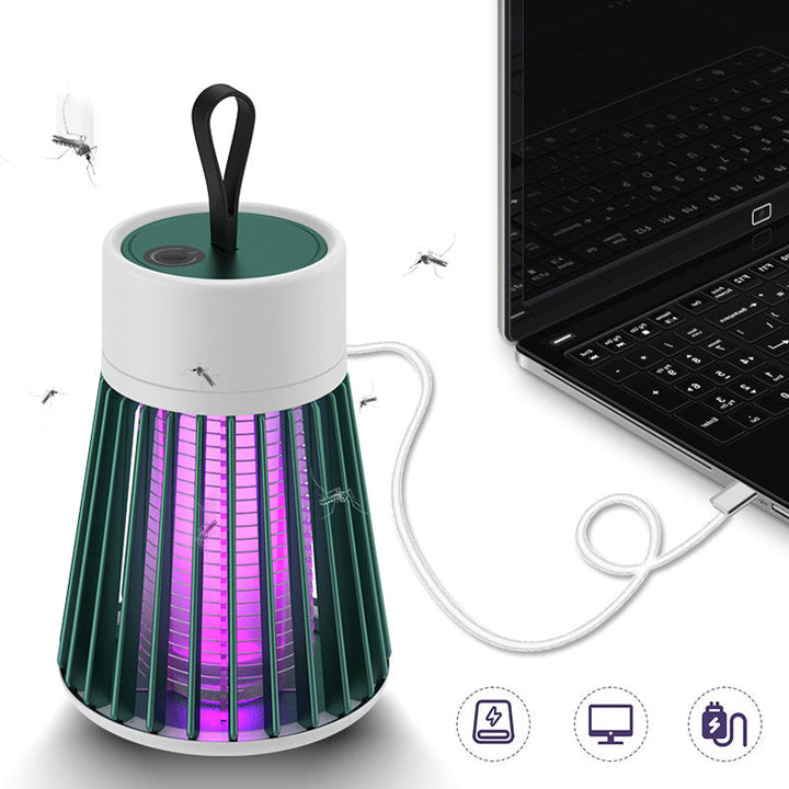 Portabel myggdödarlampa med USB-laddning, säker design, kompakta vita detaljer mot grå bakgrund, bekämpar insekter.
