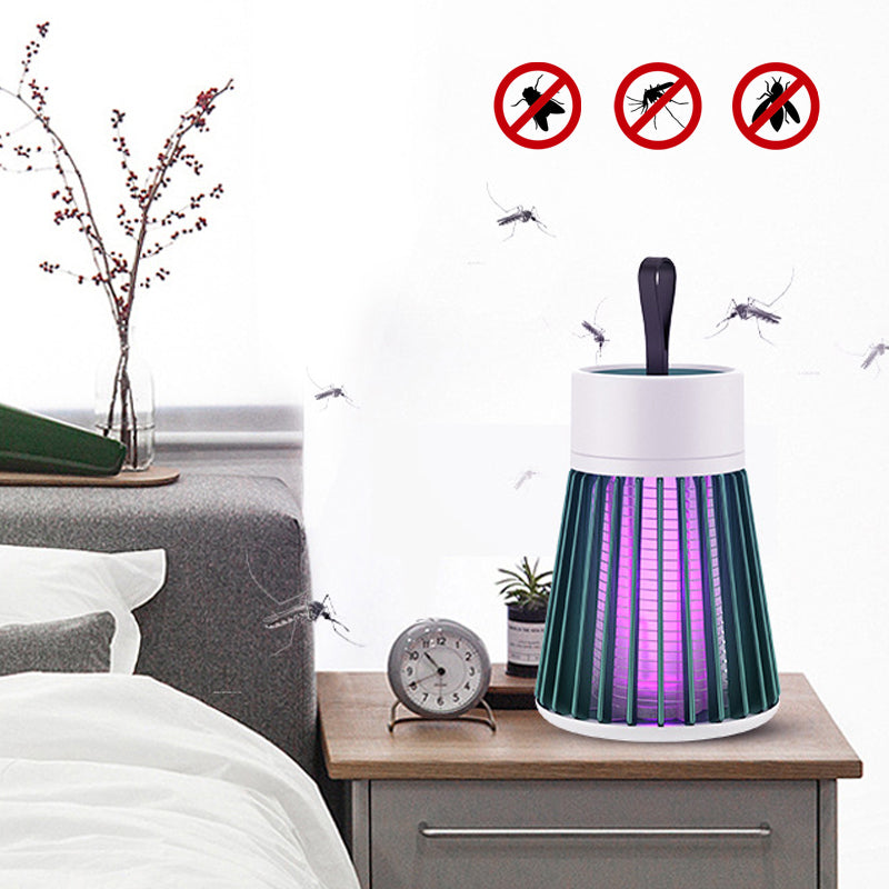 Portabel myggdödarlampa med USB-laddning, säker design, kompakta vita detaljer mot grå bakgrund, bekämpar insekter.