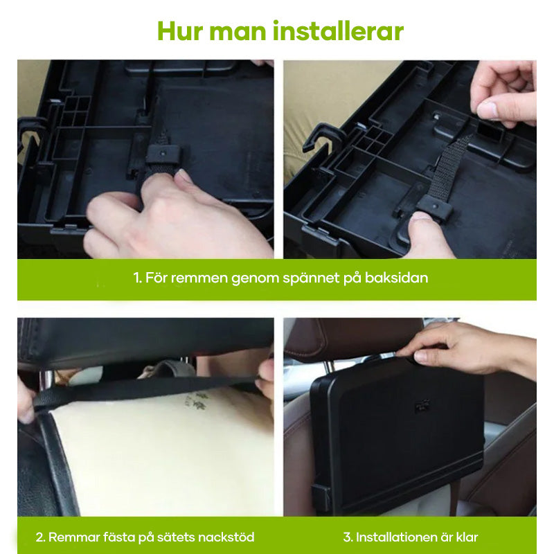 "Portabelt bilmatbord för barn i ABS-material, vikbar design för enkel installation på bilbarnstol, grå färg."