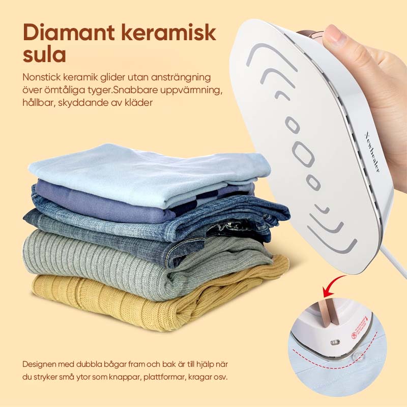 "Portabelt resestrykjärn, dubbla spänningar, kompakt design. Lätt, idealiskt för alla tyger och resor."