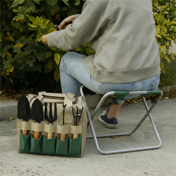 Portabelt trädgårdsset med hopfällbar pall, 6 verktyg i Oxfordtyg för smidig och ergonomisk trädgårdsskötsel.