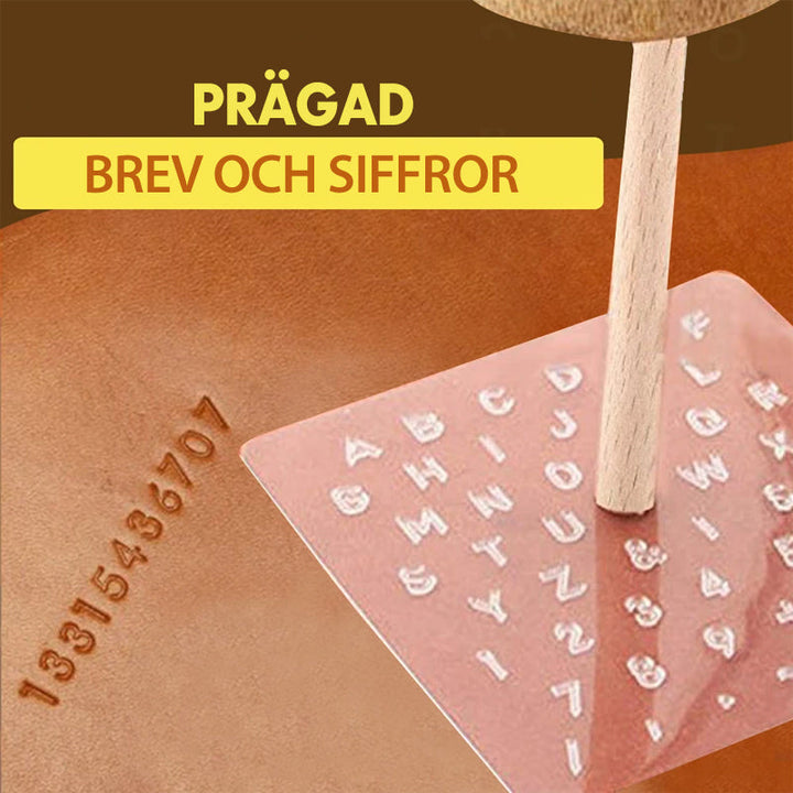 "Präglingsstämpel i trä för läderhantverk, robust trädesign, perfekt för DIY-mönster på läderväskor och mer."