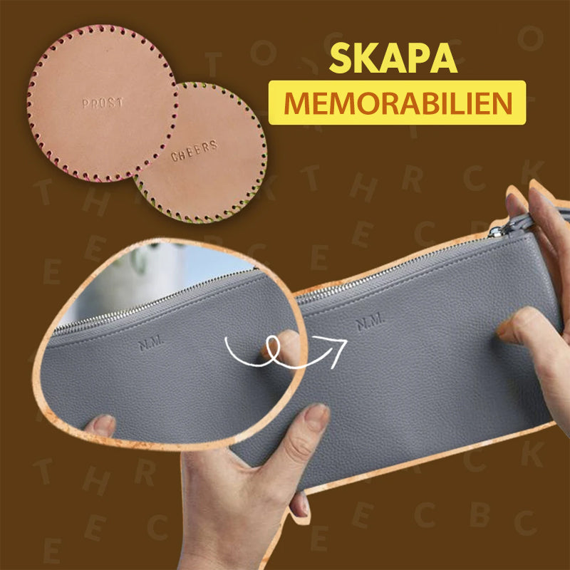 "Präglingsstämpel i trä för läderhantverk, robust trädesign, perfekt för DIY-mönster på läderväskor och mer."