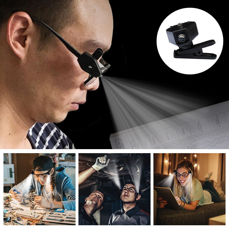 Praktisk clip-on LED-lampa för glasögon, kompakt och roterbar design, perfekt för läsning och belysning i alla miljöer.