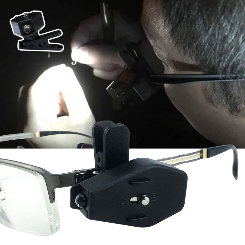 Praktisk clip-on LED-lampa för glasögon, kompakt och roterbar design, perfekt för läsning och belysning i alla miljöer.