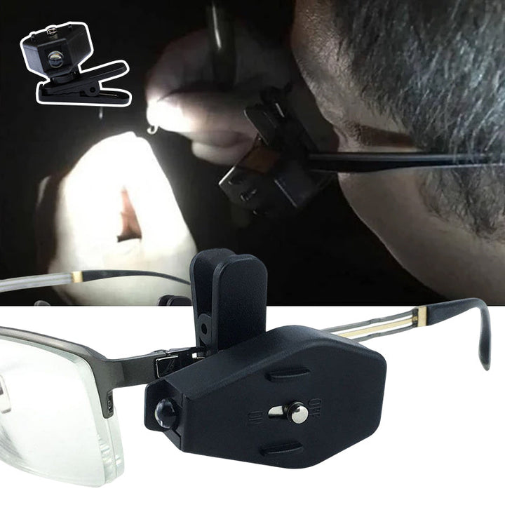 Praktisk clip-on LED-lampa för glasögon, kompakt och roterbar design, perfekt för läsning och belysning i alla miljöer.