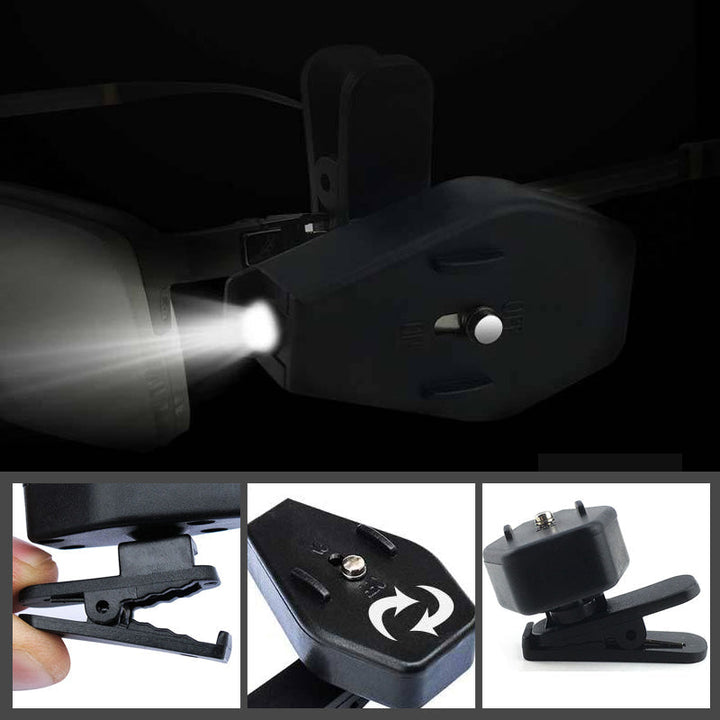 Praktisk clip-on LED-lampa för glasögon, kompakt och roterbar design, perfekt för läsning och belysning i alla miljöer.