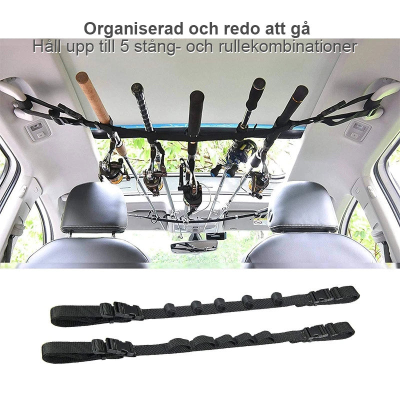 "Praktisk fordonsfiskespöhållare för bil, rymmer upp till 5 spön, lätt installation, håll dina fiskespön organiserade."
