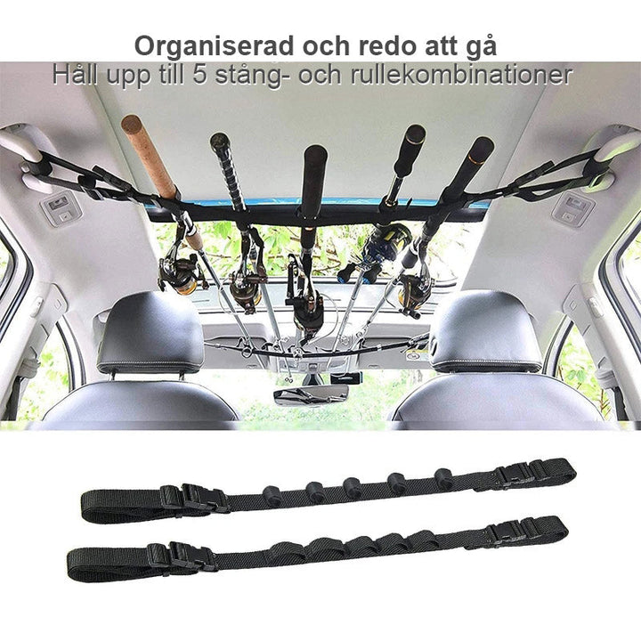 "Praktisk fordonsfiskespöhållare för bil, rymmer upp till 5 spön, lätt installation, håll dina fiskespön organiserade."