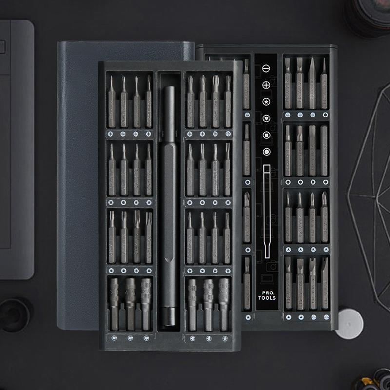 "Precisionsskruvmejselkit för elektronik med 63 delar i aluminiumlåda, enkel hantering och hållbar CR-V stålbitar."