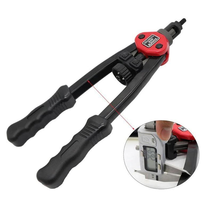 "Premium automatisk nitverktygssats i svart stål, ergonomiska handtag, perfekt för bilpaneler och möbler."
