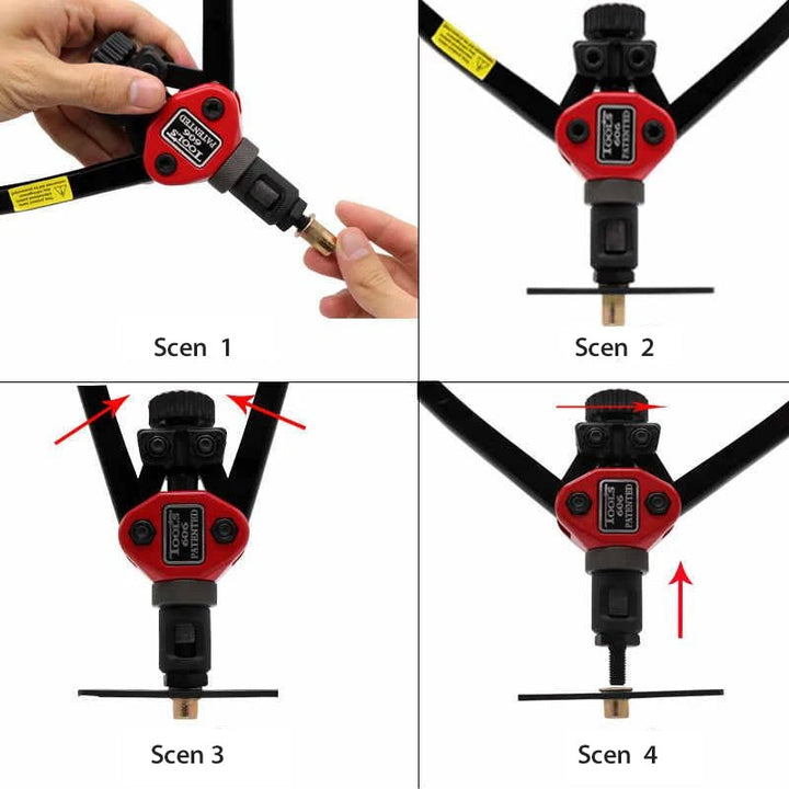 "Premium automatisk nitverktygssats i svart stål, ergonomiska handtag, perfekt för bilpaneler och möbler."