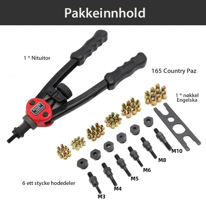 "Premium automatisk nitverktygssats i svart stål, ergonomiska handtag, perfekt för bilpaneler och möbler."