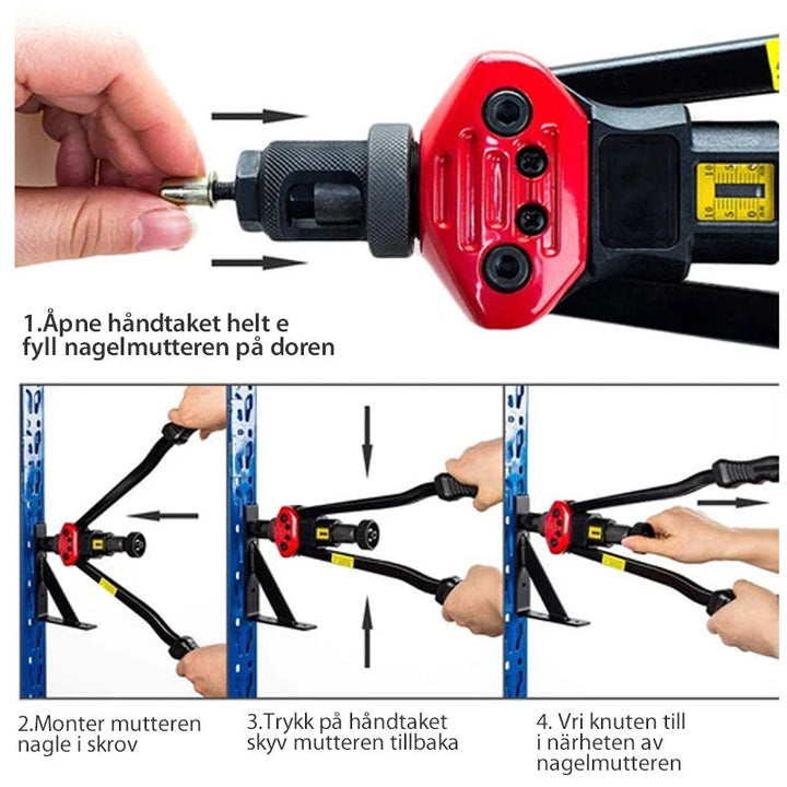 "Premium automatisk nitverktygssats i svart stål, ergonomiska handtag, perfekt för bilpaneler och möbler."