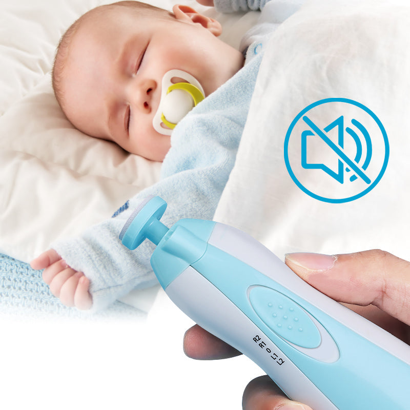 "Premium bebis nageltrimmer set, säker design, visktyst drift, LED-belysning, vit och kompakt. Perfekt för små naglar."