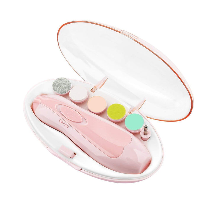 "Premium bebis nageltrimmer set, säker design, visktyst drift, LED-belysning, vit och kompakt. Perfekt för små naglar."