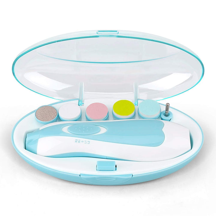 "Premium bebis nageltrimmer set, säker design, visktyst drift, LED-belysning, vit och kompakt. Perfekt för små naglar."