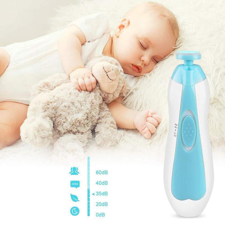 "Premium bebis nageltrimmer set, säker design, visktyst drift, LED-belysning, vit och kompakt. Perfekt för små naglar."