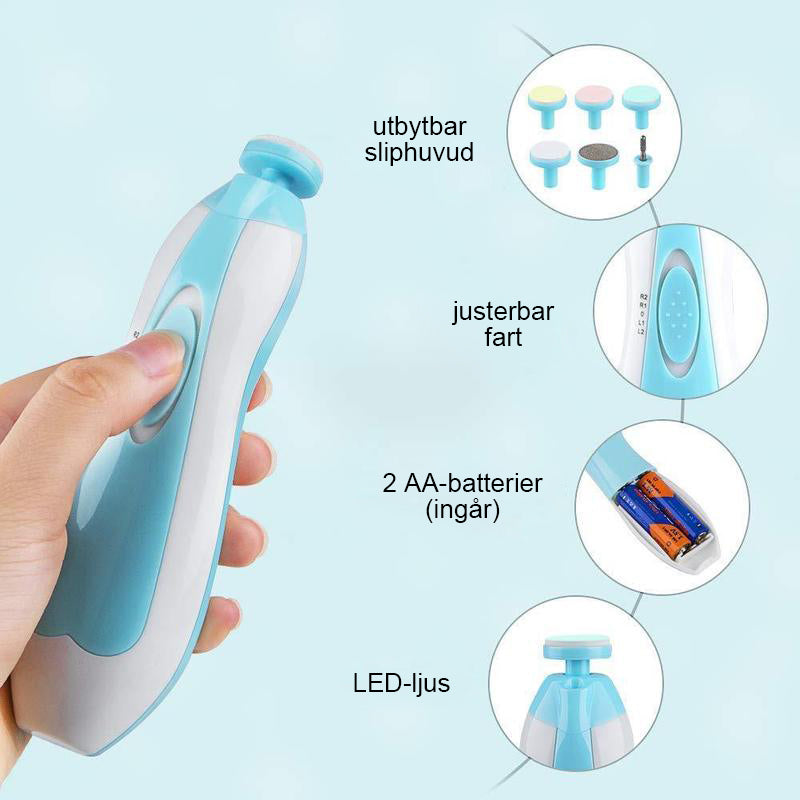 "Premium bebis nageltrimmer set, säker design, visktyst drift, LED-belysning, vit och kompakt. Perfekt för små naglar."