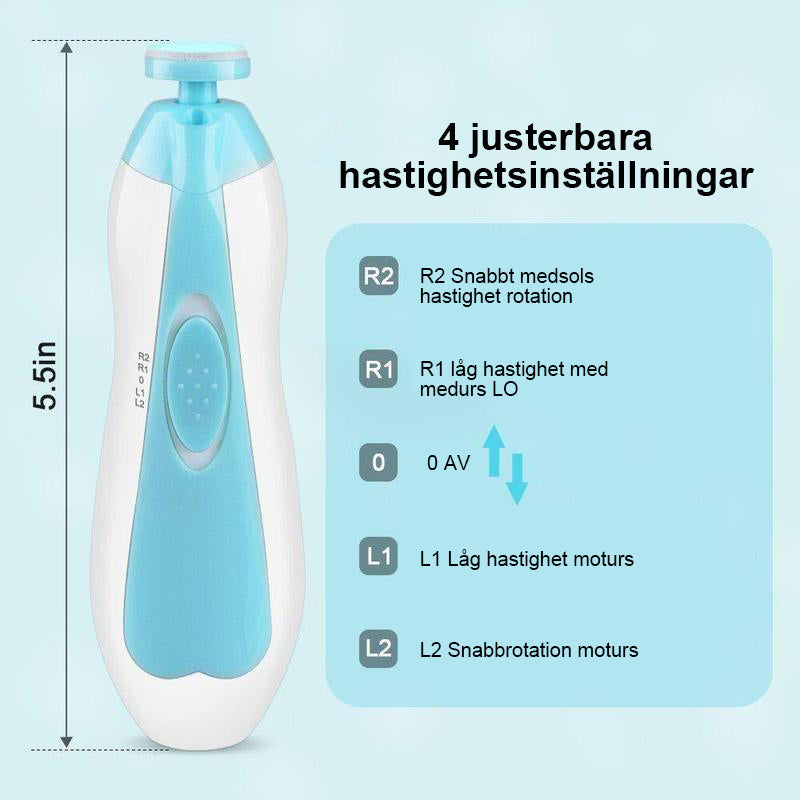 "Premium bebis nageltrimmer set, säker design, visktyst drift, LED-belysning, vit och kompakt. Perfekt för små naglar."