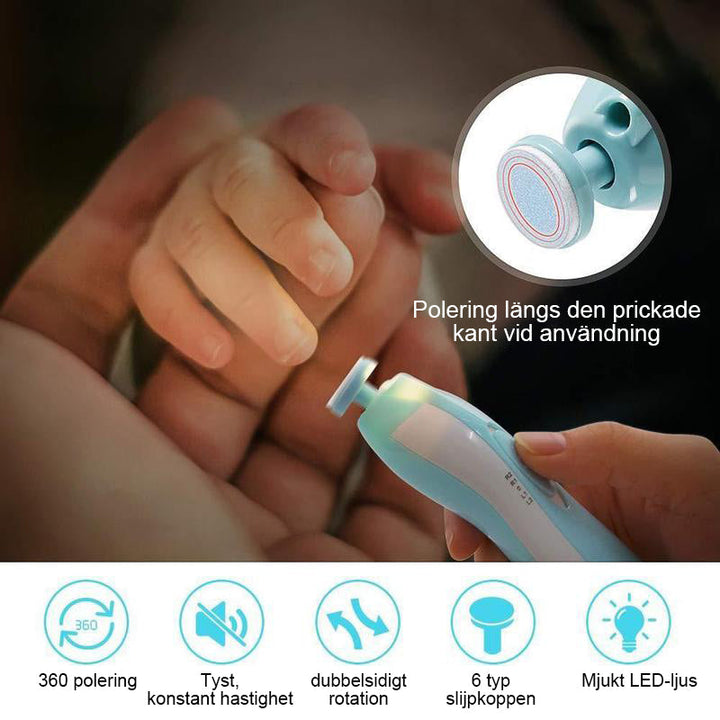 "Premium bebis nageltrimmer set, säker design, visktyst drift, LED-belysning, vit och kompakt. Perfekt för små naglar."
