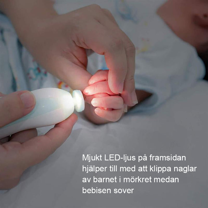 "Premium bebis nageltrimmer set, säker design, visktyst drift, LED-belysning, vit och kompakt. Perfekt för små naglar."