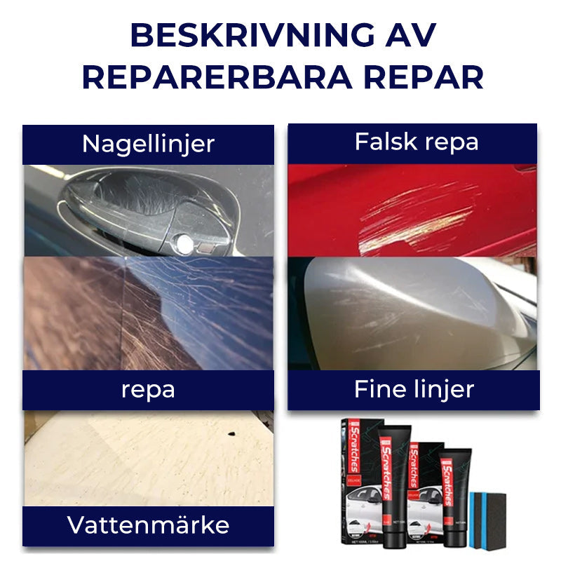 "Premium bilskrapborttagningssats, glansig flaska och applikatorsvamp för reptfri billack, enkel användning."