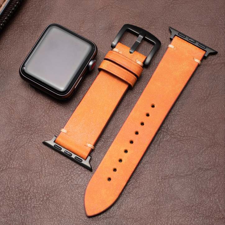 Unisex klockarmband i läder för Apple Watch med silver hårdvara, högkvalitativt.