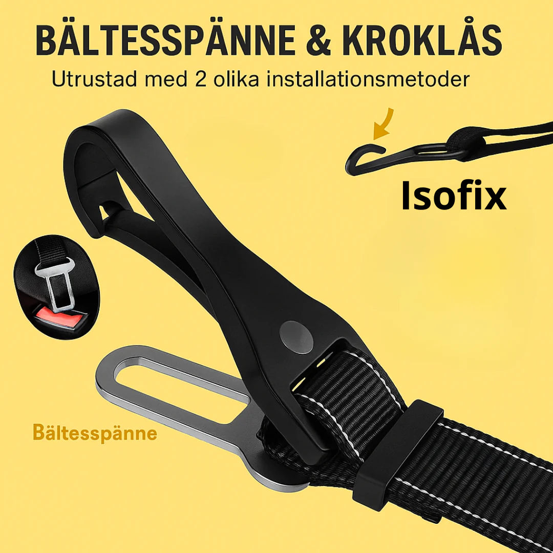 Närbild på justerbart spänne på hundbilbälte. Kvalitativt säkerhetsbälte för alla bilresor.