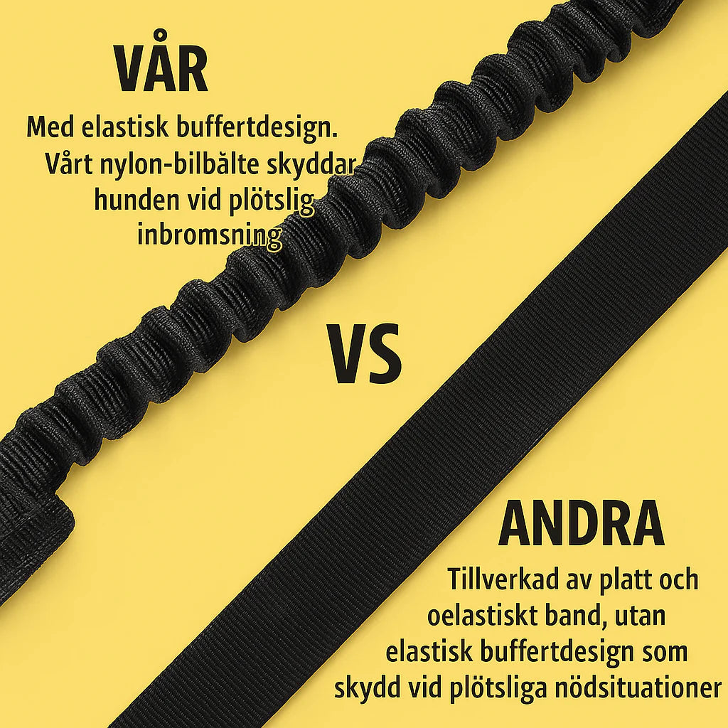 Hund sitter säkert med premium bilbälte i bilen. Skyddar vid inbromsning och plötsliga stopp.