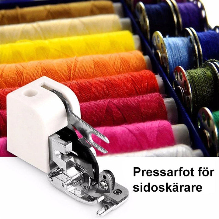 "Pressarfot Överlock i rostfritt stål och plast, enkel och effektiv för symaskin. Passar de flesta märken, silver och vit."