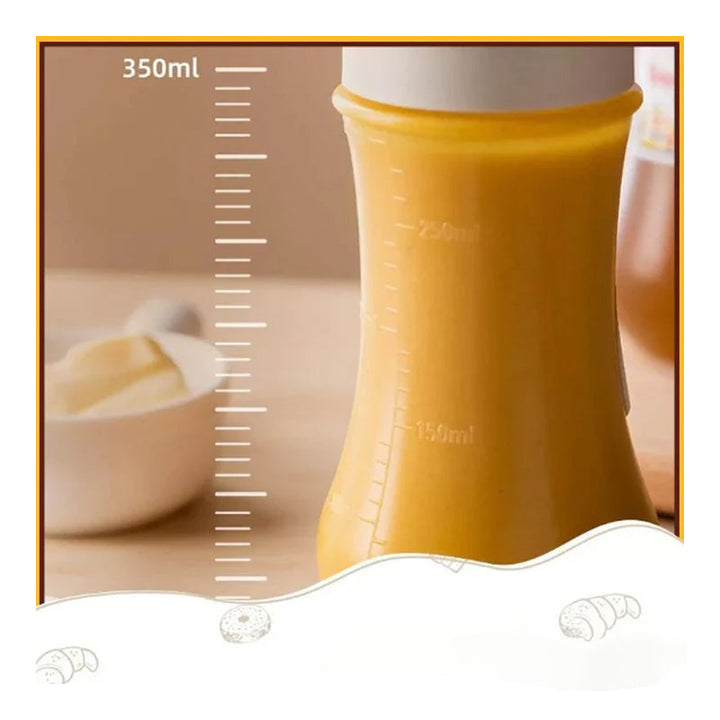 "Pressflaska för såser i köket, 350 ml, femhålsdesign, svart, vit och röd, jämn dosering, BPA-fri, matlagning."