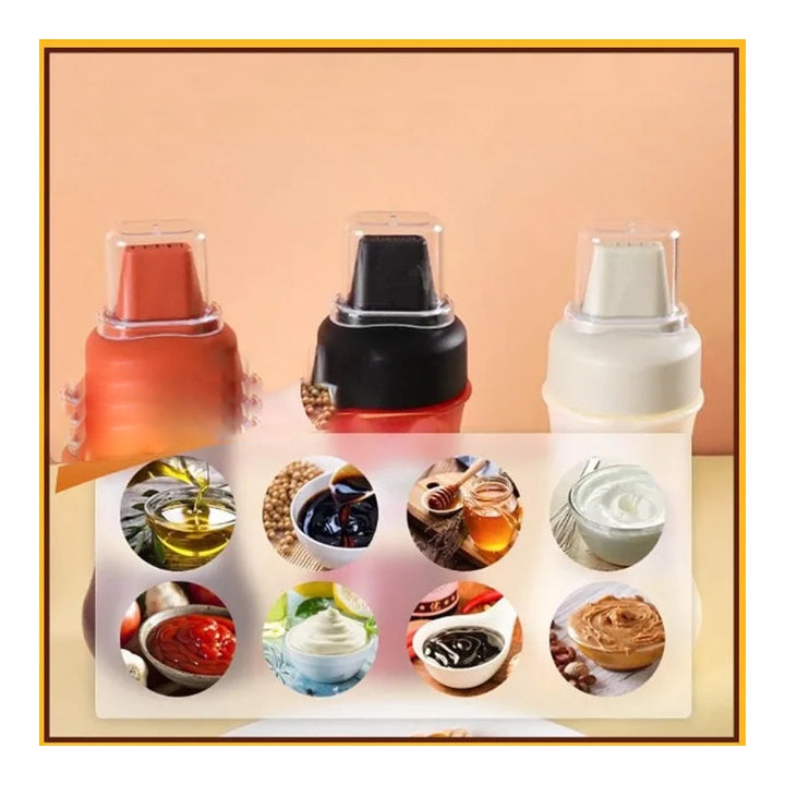 "Pressflaska för såser i köket, 350 ml, femhålsdesign, svart, vit och röd, jämn dosering, BPA-fri, matlagning."