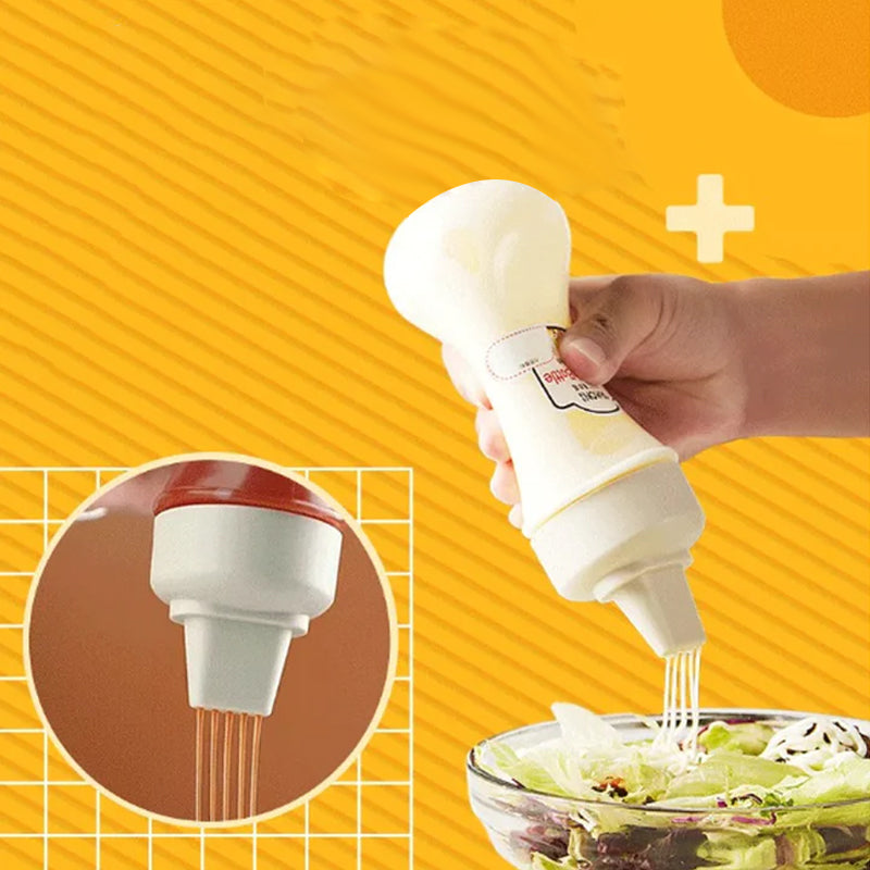 "Pressflaska för såser i köket, 350 ml, femhålsdesign, svart, vit och röd, jämn dosering, BPA-fri, matlagning."