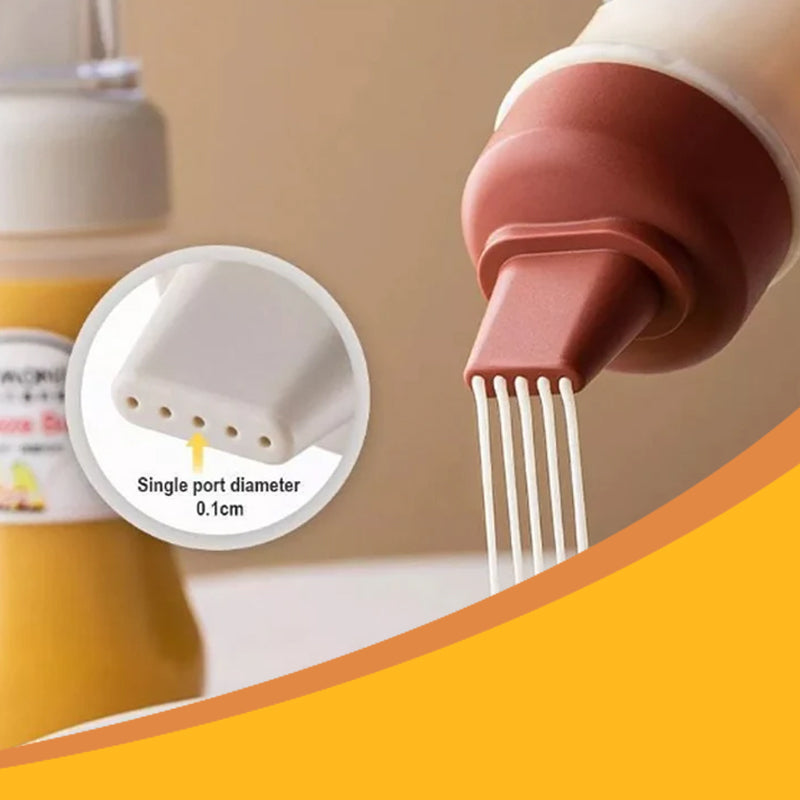 "Pressflaska för såser i köket, 350 ml, femhålsdesign, svart, vit och röd, jämn dosering, BPA-fri, matlagning."