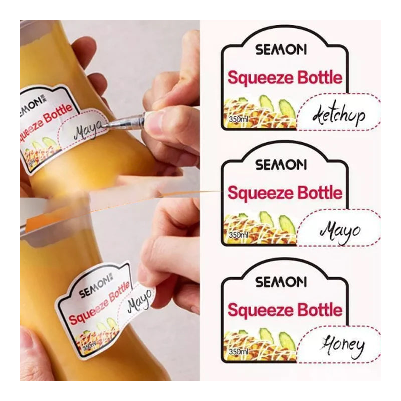 "Pressflaska för såser i köket, 350 ml, femhålsdesign, svart, vit och röd, jämn dosering, BPA-fri, matlagning."