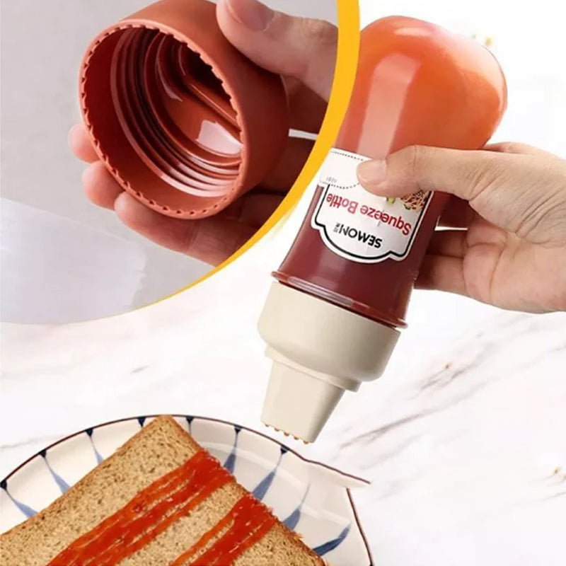 "Pressflaska för såser i köket, 350 ml, femhålsdesign, svart, vit och röd, jämn dosering, BPA-fri, matlagning."