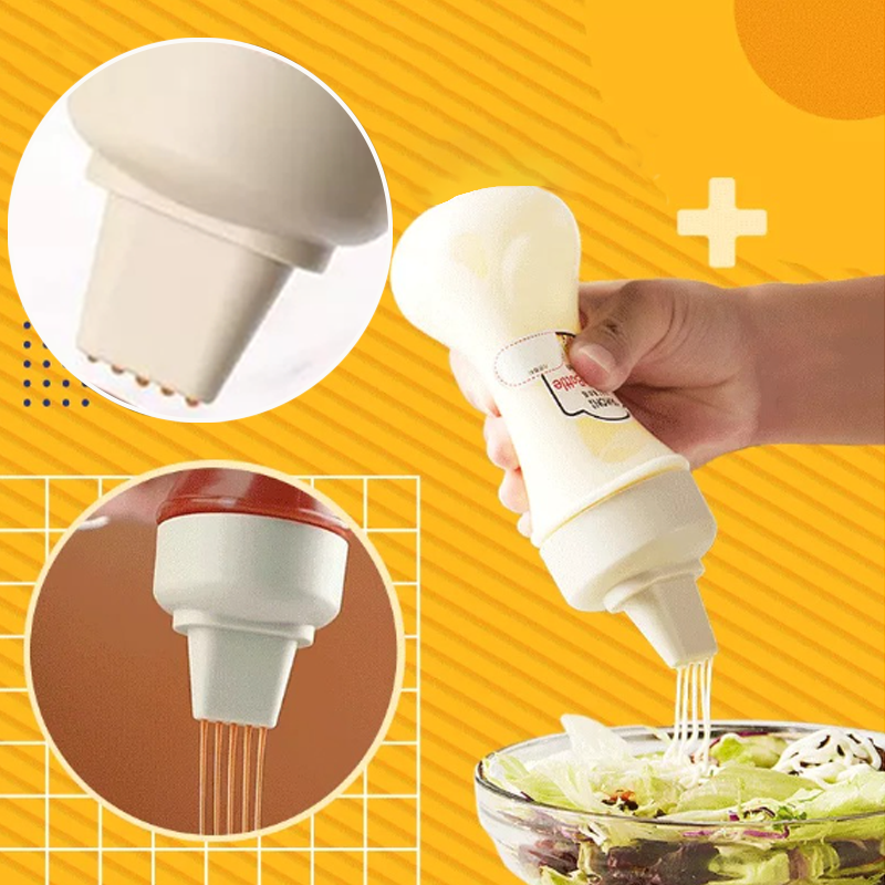 "Pressflaska för såser i köket, 350 ml, femhålsdesign, svart, vit och röd, jämn dosering, BPA-fri, matlagning."