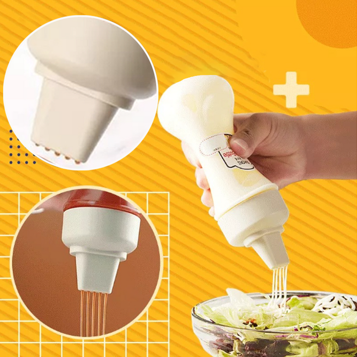 "Pressflaska för såser i köket, 350 ml, femhålsdesign, svart, vit och röd, jämn dosering, BPA-fri, matlagning."