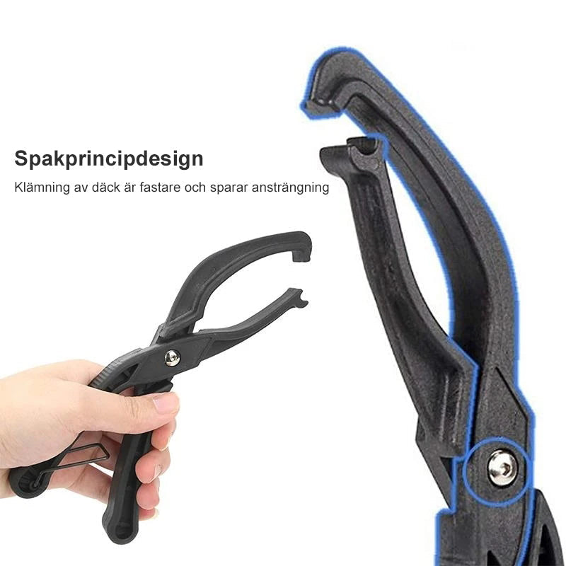 "Professionell däckklämma i svart nylon för enkel montering av däckpärlor utan skador på fälgar eller innerslangar."