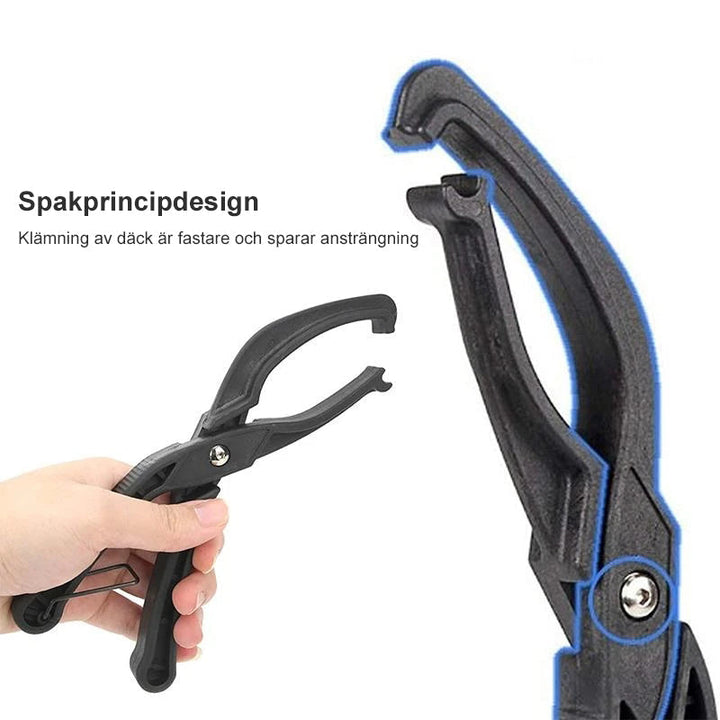 "Professionell däckklämma i svart nylon för enkel montering av däckpärlor utan skador på fälgar eller innerslangar."
