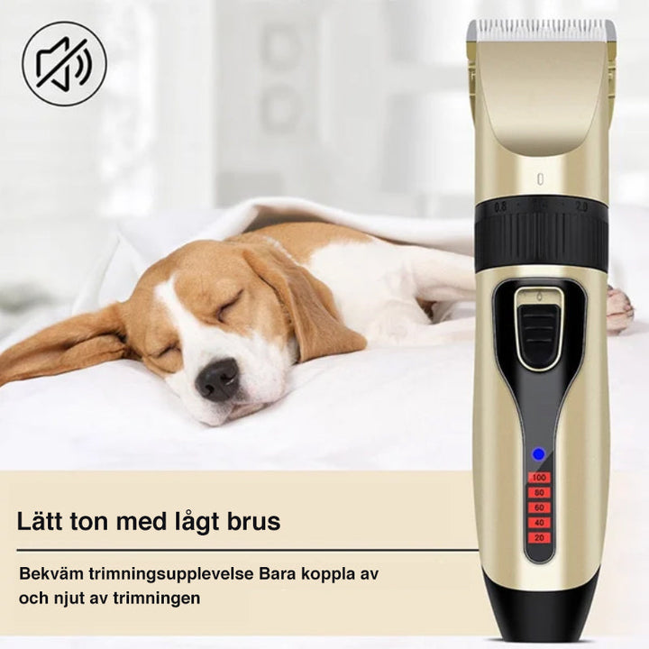 "Professionell djurrakapparat med låg ljudnivå och eleganta detaljer, perfekt för alla typer av husdjurs pälstrimning."