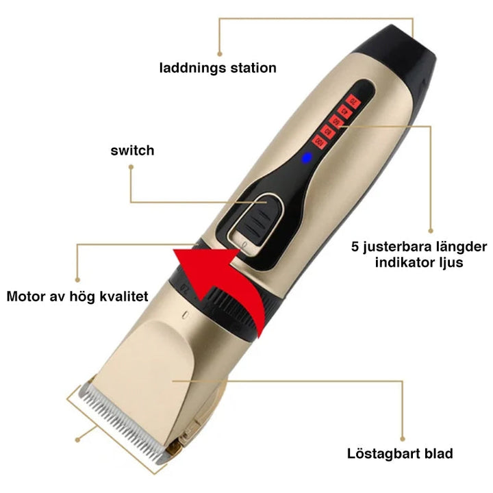 "Professionell djurrakapparat med låg ljudnivå och eleganta detaljer, perfekt för alla typer av husdjurs pälstrimning."