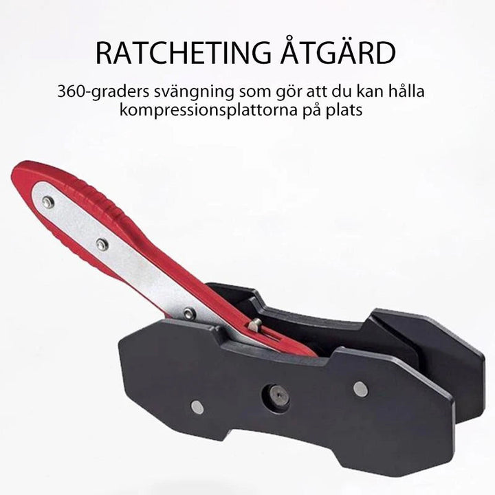 "Professionellt bromsok pressverktyg med rött stort handtag och blått litet handtag för effektiv bromsunderhåll."