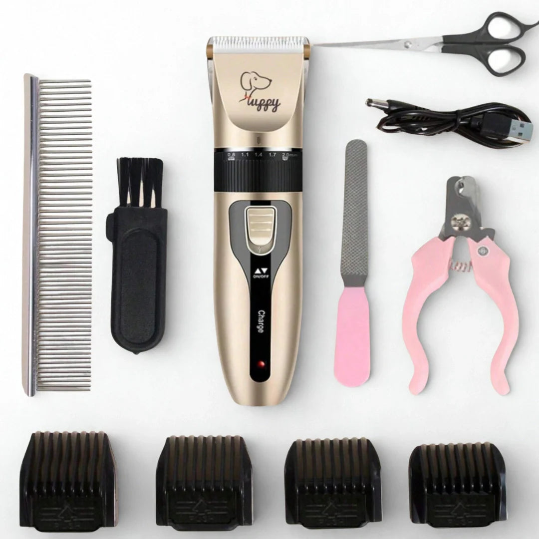 Professionellt husdjurs grooming kit med tyst pälstrimmer och kloklippare för effektiv hund- & kattvård.