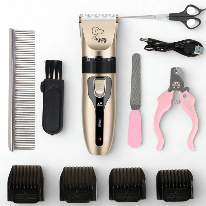 Professionellt husdjurs grooming kit med tyst pälstrimmer och kloklippare för effektiv hund- & kattvård.