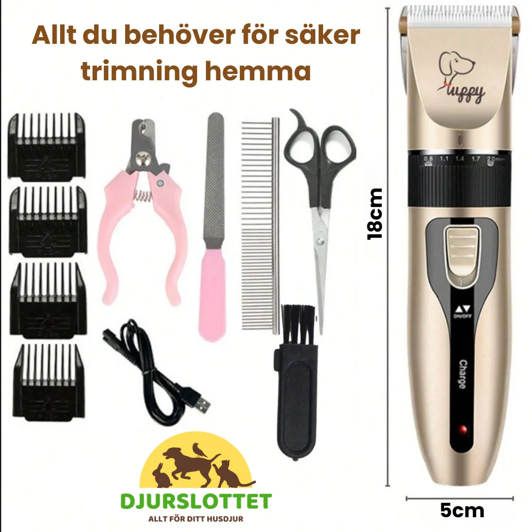 Husdjursvård kit: Tyst pälstrimmer, kloklippare & rengöringsborste för professionell katt- och hundvård.